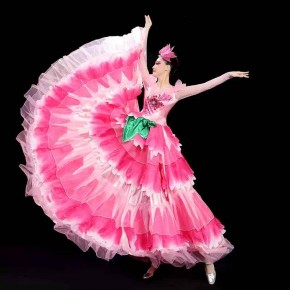 Pink flowers petals flamenco dance dresses for women girls paso double spanish bull dance swing skirts opening choir ballroom dance costumes for female